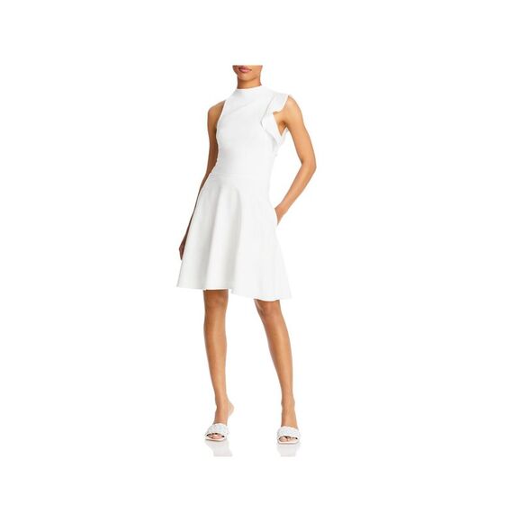 BLACK HALO Womens Ivory Stretch Zippered Textured Lined Short Sleeve Scoop Neck Above The Knee Cocktail Fit + Flare Dress